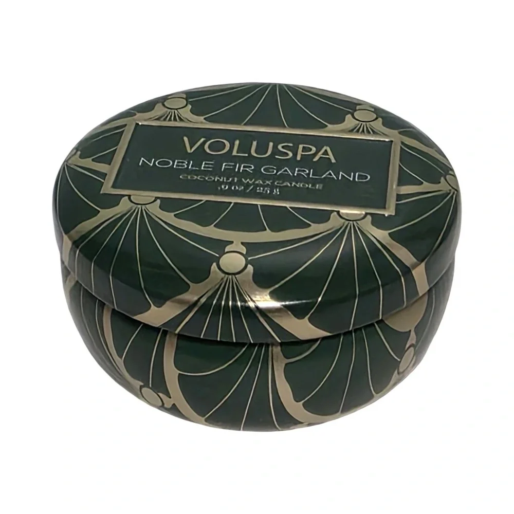 Voluspa Noble Fir‎ Garland Mini Tin Coconut Wax Candle 0.9oz Green Gold Art Deco